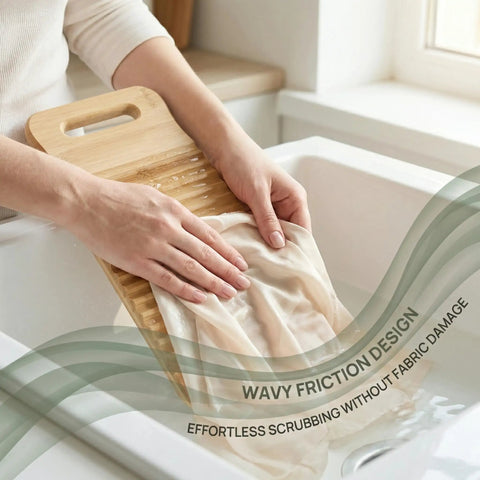 No Sweat Bamboo Washboard For Hand Washing Clothes With Non Slip Base and Deep Grooves being used to scrub fabric in a sink.