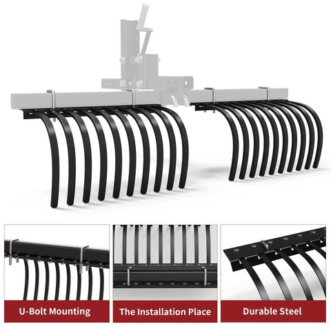 Heavy Duty ATV UTV Landscape Rake Attachment For Yard Cleanup And Land Grading With Rock, Grass Clump, And Debris Removal, Adjustable Width