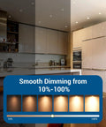 Smooth dimming from 10%-100% demonstrated in a modern kitchen with Dimmable GU10 LED Bulbs Dope 7W 500 Lumens 3000K Warm White.