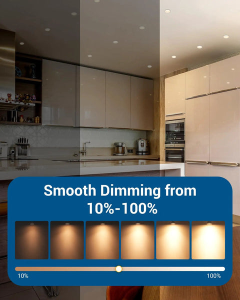 Smooth dimming from 10%-100% demonstrated in a modern kitchen with Dimmable GU10 LED Bulbs Dope 7W 500 Lumens 3000K Warm White.