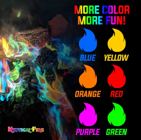 Color Changing Fire Packets For Campfires And Fire Pits, 50 Count, displaying pulsating blues, greens, purples, and reds flames.