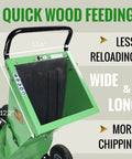 Top view of Beast Mode Gas Powered Wood Chipper Shredder Mulcher showing wide intake chute with measurements.
