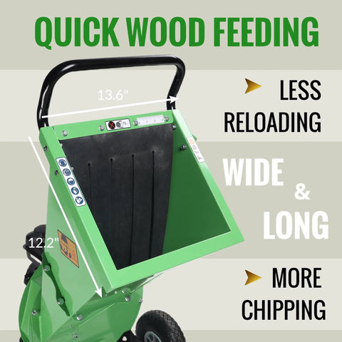 Top view of Beast Mode Gas Powered Wood Chipper Shredder Mulcher showing wide intake chute with measurements.