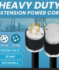Close-up of Rock Solid Nema L14 30P To L14 30R Generator Extension Cord 8 Gauge 4 Prong Soow Power Cable rated 30 Amps.