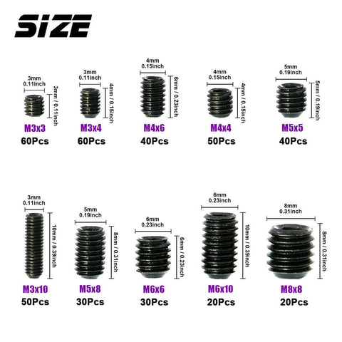 400Pcs Allen Head Socket Cup Point Set Screws Kit With 10 Sizes M3 M4 M5 M6 M8 Internal Hex Drive metric sizes chart