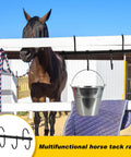 Two Pack Black Tack Rack With 360 Degree Swivel Hooks For Horse Bridle Hangers Portable Stall Barn Fence Trailer Organizer Six Hook Horse Gear Storage mounted on fence with hanging bucket and bridle