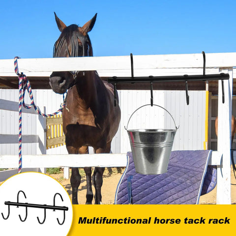 Two Pack Black Tack Rack With 360 Degree Swivel Hooks For Horse Bridle Hangers Portable Stall Barn Fence Trailer Organizer Six Hook Horse Gear Storage mounted on fence with hanging bucket and bridle