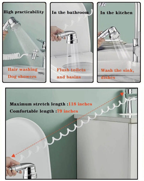 Sink Faucet Hose Sprayer Attachment Handheld Sprayer With On Off Valve And Seven Adapters Six And A Half Foot Extension Hose Silver Shower Head For Hair Washing Baby Bath Pet Rinse Dishes Easy Install, showing usage scenarios in bathroom and kitchen.