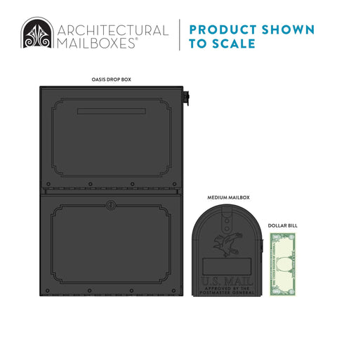 Heavy Duty Outdoor Package Drop Box With Locking Door In Black XL Steel, scale comparison next to standard mailbox and dollar bill.