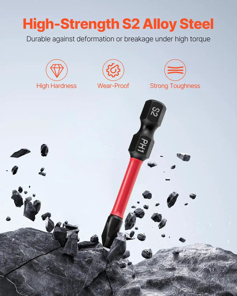 Dang Tough 101 Piece Screwdriver Bit Set Heavy Duty S2 Steel bit with red handle against a rocky background, highlighting durability.