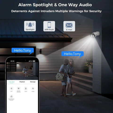 4K Wired Security Camera System with audio and color night vision monitoring couple outside house at night with smartphone app