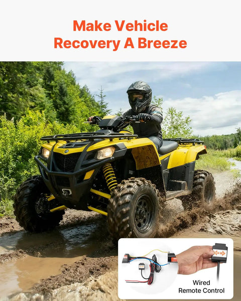VEVOR 3500 Lb Electric Winch 12V DC For Boat Pickup Truck being used on a muddy ATV with wired remote control.