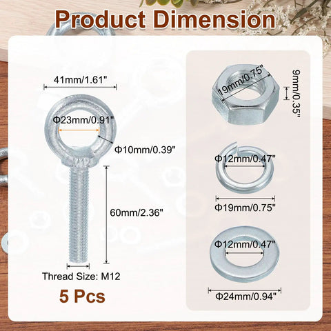 Five Pack M12 Galvanized Carbon Steel Eye Bolts With Nuts And Washers, Heavy Duty Lifting Rings For Tie Downs Indoors Outdoors, Silver Finish, Built Tough For Gear Hauling And Rigging Projects, dimensioned M12 60mm bolt with nuts and washers