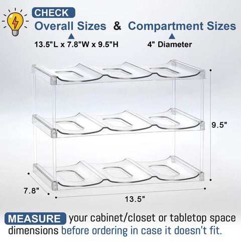 Stackable Water Bottle Organizer Holder For Large Tumblers Fits Big Bottles Three Tier Clear Wine Rack Style Cup Holder, dimensions labeled.