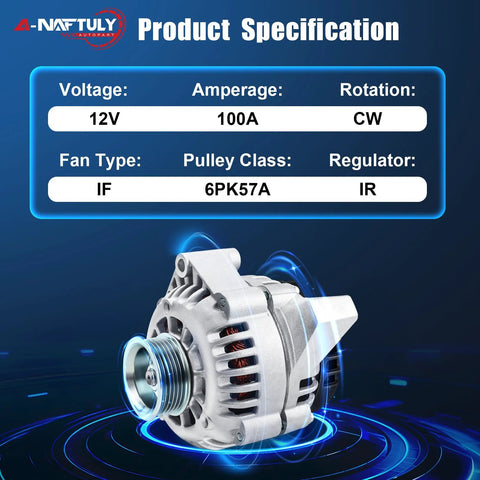 High Output Alternator Replacement For Chevy Suburban Tahoe Blazer Astro S10 1500 2500 3500 GMC Isuzu Cadillac Escalade 4.3L 5.0L 5.7L 7.4L V8 1996 1997 1998 1999 2000 2001 2002 ADR0089 40012098 100A alternator with specifications in blue background