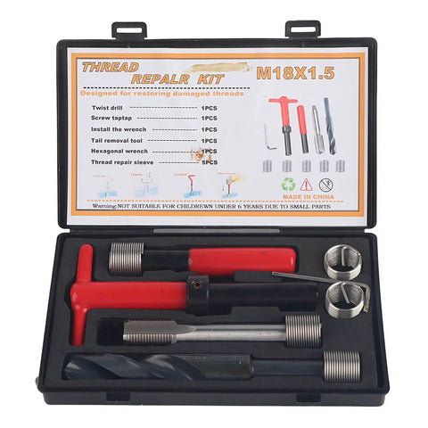M18x1.5 Thread Repair Kit 10Pcs Stainless Steel Threaded Inserts For Aluminum And Metal Repair Pro Grade Heavy Duty Wear Resistant Restore Damaged Threads With Drill Tap Wrench Set For Auto And Machinery, open case
