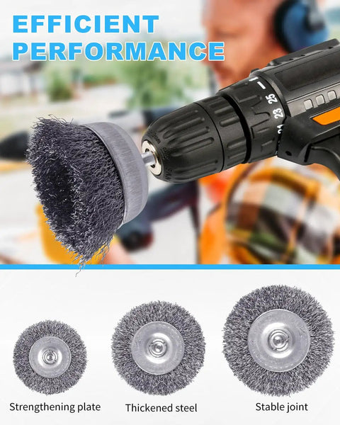 21 Piece Carbon Steel Wire Brush Set With Cup Wheel And Pen Brushes For Rust Removal attached to drill in use