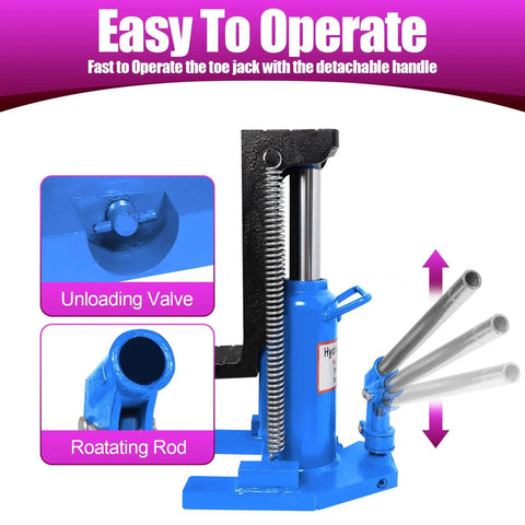 Heavy Duty Hydraulic Toe Jack, 20 Ton Lift Capacity, Rugged Steel Build With Overload Protection, features unloading valve and rotating rod.