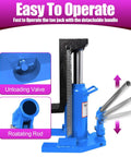 Built Tough Hydraulic Toe Jack Lift 20 Ton Heavy Duty Garage Workhorse Steel Machine Hoist With Quick Pump Handle showing unloading valve and rotating rod.