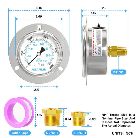 Front and side view of MEANLIN MEASURE 0~5000Psi Liquid Filled Pressure Gauge Front Flange Panel Mount, 1/4" NPT, showing dimensions.