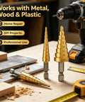 Premium Titanium Coated Hss Step Drill Bits Slick Metal Copper Pvc Hole Cutter on workbench with DIY tools.