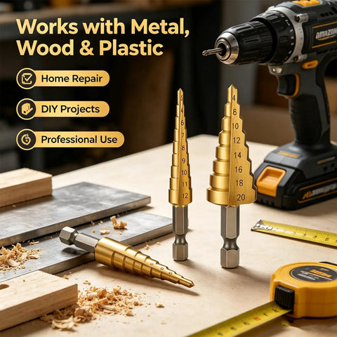 Premium Titanium Coated Hss Step Drill Bits Slick Metal Copper Pvc Hole Cutter on workbench with DIY tools.