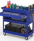 Three Tier Rolling Tool Cart On Wheels With 550-Lb Capacity Drawers Pegboard And Hook Heavy Duty Utility Cart For Garage Shop And Warehouse Dark Blue Finish