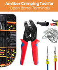 Ratchet Wire Crimping Tool For Open Barrel Terminals, 24-14 AWG, Durable Steel Crimper, connectors and terminals displayed