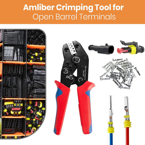 Ratchet Wire Crimping Tool For Open Barrel Terminals, 24-14 AWG, Durable Steel Crimper, connectors and terminals displayed