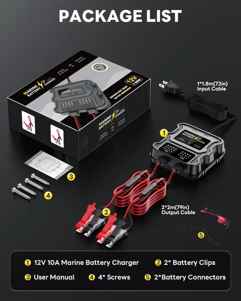 Package contents of Two Bank Marine Battery Charger 12V 10A Waterproof Onboard Boat Charger shown with cables and connectors.