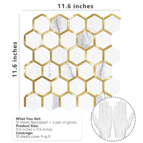 Hexagon Peel And Stick Backsplash Tiles With White Marble Look And Gold Accents For Kitchen And Bathroom, 11.6-inch size