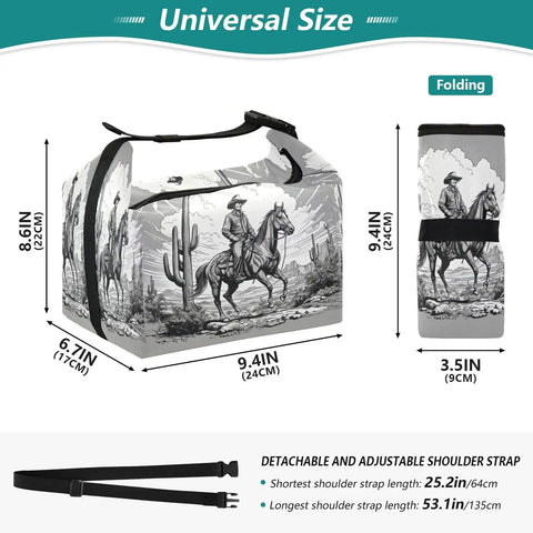 Cowboy Rides A Horse Desert Themed Insulated Lunch Bag For Work Or School, dimensions 9.4x6.7x8.6 inches, folded view shown.