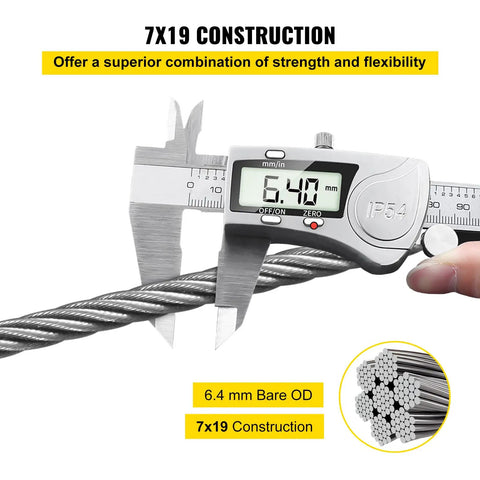 7x19 strand construction of Heavy Duty 1/4 Inch Stainless Steel Cable 200 Ft T304 with 6.4mm diameter measured by caliper