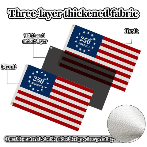 Double Sided 3 Ply 250th Anniversary American Flag 3 By 5 Feet Indoor Outdoor Patriotic Decor 1776 2026 fabric layers