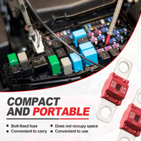 Bolt-on 50A Midi Fuse Kit for Cars, featuring compact design and zinc terminals in a fuse box setup.