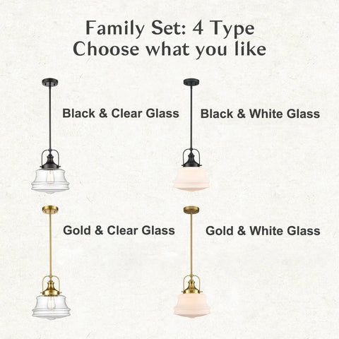 Collection of Black Farmhouse Pendant Light With Clear Glass Schoolhouse Style and variations, E26 dimmable.