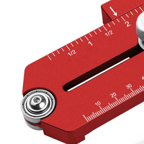 Close-up of Extended Thin Ripping Jig For Woodworking With Dual Bearings, Aluminum Alloy Guide Jig in red with measurement markings.