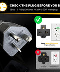 Close-up of Heavy Gauge Three Foot Y Splitter Converts One NEMA 6-20 Male Plug Into Two Ready To Go Female Outlets for safe connections.