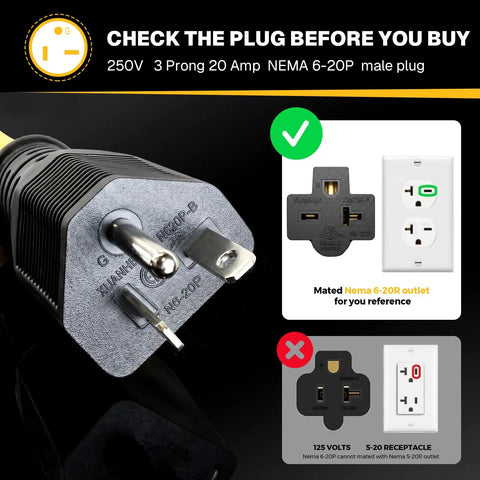 Close-up of Heavy Gauge Three Foot Y Splitter Converts One NEMA 6-20 Male Plug Into Two Ready To Go Female Outlets for safe connections.