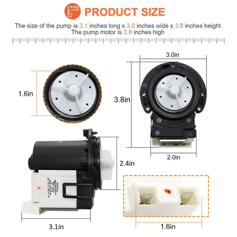Dimensions of Washer Drain Pump Motor Replacement OEM 4681EA2001T for Front Load Washers near components.