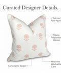 Floral Block Print Pillow Cover In Blush Pink And Off White For Cozy Grandmillennial Decor 20x20 Decorative Throw Pillow Case With Durable Upholstery Fabric Tailored Light Pink Piping And Vintage Chic Vibe. Close-up of 20x20 floral pillow cover with concealed zipper and pink piping