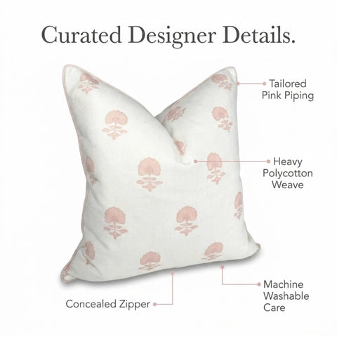 Floral Block Print Pillow Cover In Blush Pink And Off White For Cozy Grandmillennial Decor 20x20 Decorative Throw Pillow Case With Durable Upholstery Fabric Tailored Light Pink Piping And Vintage Chic Vibe. Close-up of 20x20 floral pillow cover with concealed zipper and pink piping