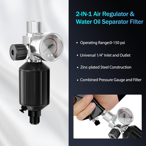 Close-up of air regulator from Pro Grade HVLP Spray Gun Kit With 1.4mm, 1.7mm And 2mm Nozzles, focusing on gauge details.