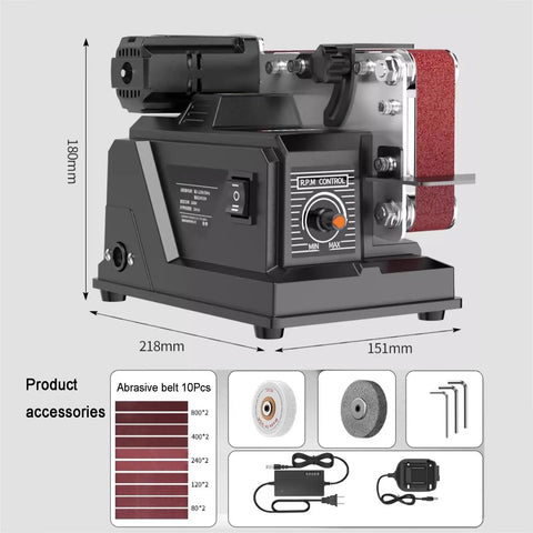 Tailgate Ready Belt Sander And Bench Grinder Duo showing RPM control dial and accessories, cordless or corded capabilities.