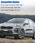 Silver SUV parked with compatible models text for Jeep Comanche, Kia Sportage, and Jeep Wrangler JK.