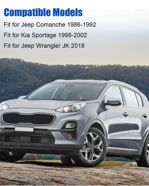 Silver SUV parked with compatible models text for Jeep Comanche, Kia Sportage, and Jeep Wrangler JK.