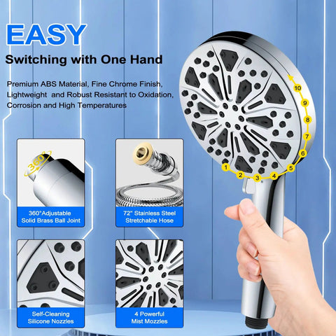 Person holding Magnetic Docking High Pressure Handheld Shower Head With Hard Water Filter, showing 72 Inch Hose and 5 Inch Panel