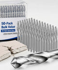 50 Piece Workhorse Grade M2 High Speed Steel Drywall Router Bits 1/8 Inch Shank Spiral Hog Ring Cutters With Sharp Guide Point For Knockout Drywall Patches in a clear box next to drywall.