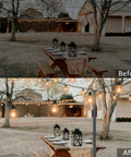 Before and after using Two Pack 8 Foot Heavy Duty Metal String Light Poles for wedding lighting setup