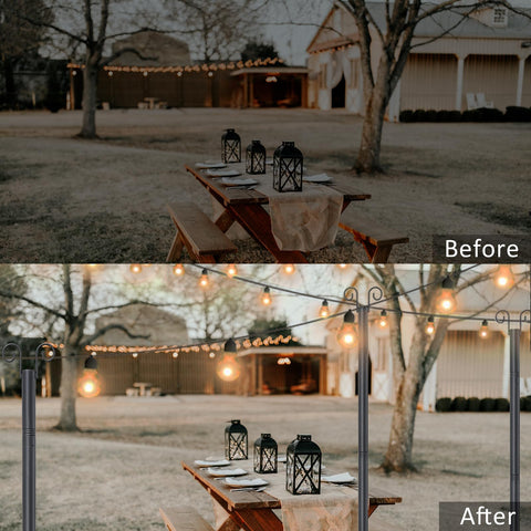 Before and after using Two Pack 8 Foot Heavy Duty Metal String Light Poles for wedding lighting setup